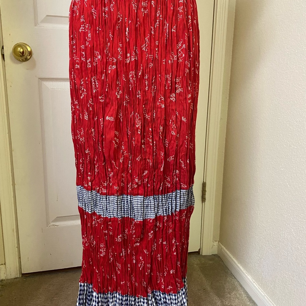 Red Print and Gingham Maxi Skirt